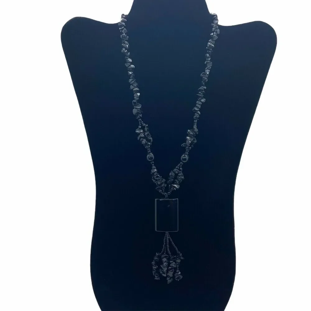 Women's Black Onyx Screw Clasp Beaded Chip Rectangle Pendant Necklace 13 inches